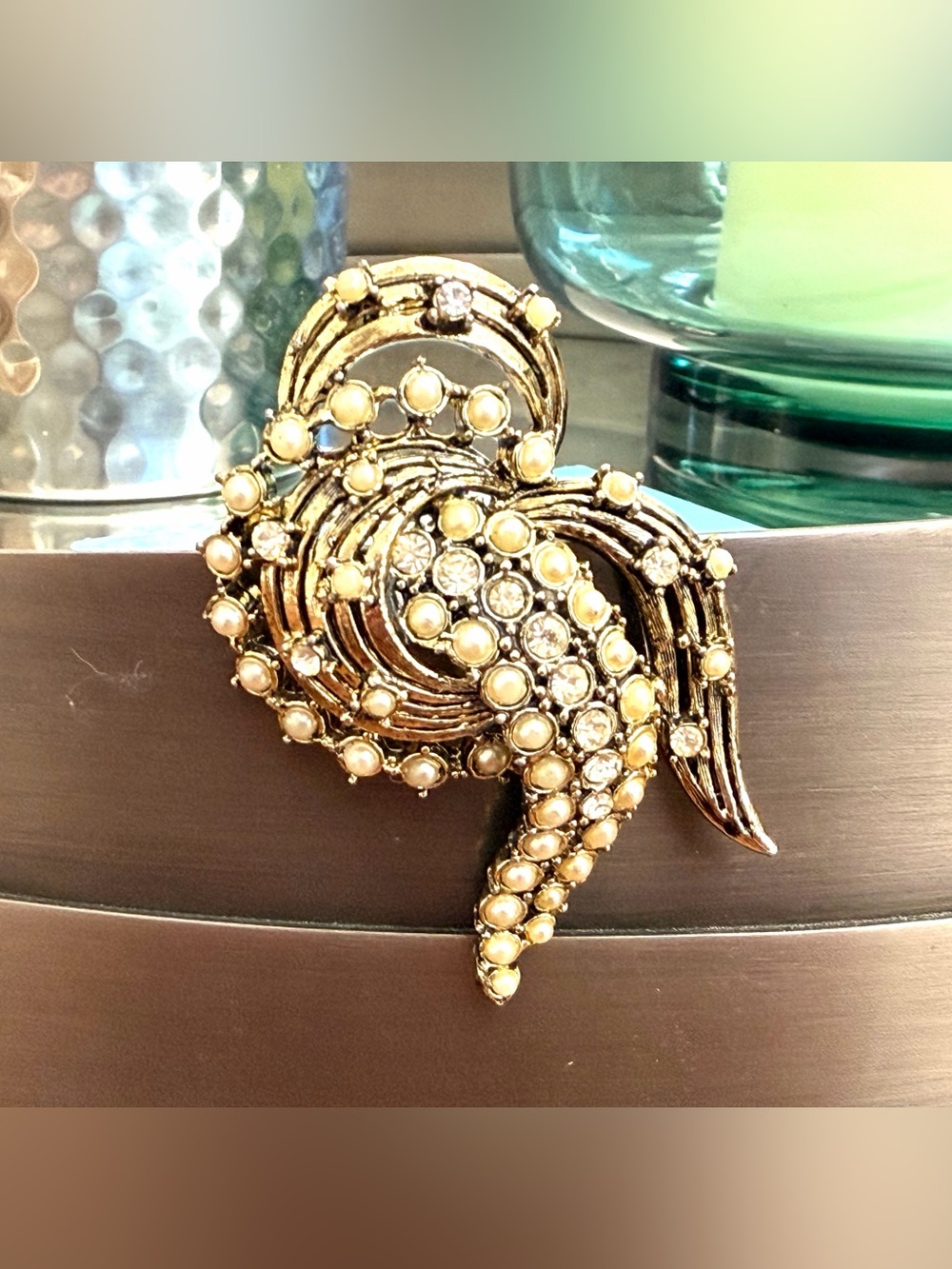 Vintage Art Deco Avant Garde Rhinestone Faux Pearl Abstract Brooch Pin